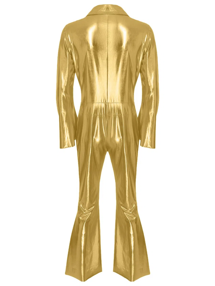 70s Disco Outfit Uomo Glitter Metallic Jumpsuit Lunga Tuta Stretch Flare Pantaloni Gamba Larga Olografica Festival Outfit