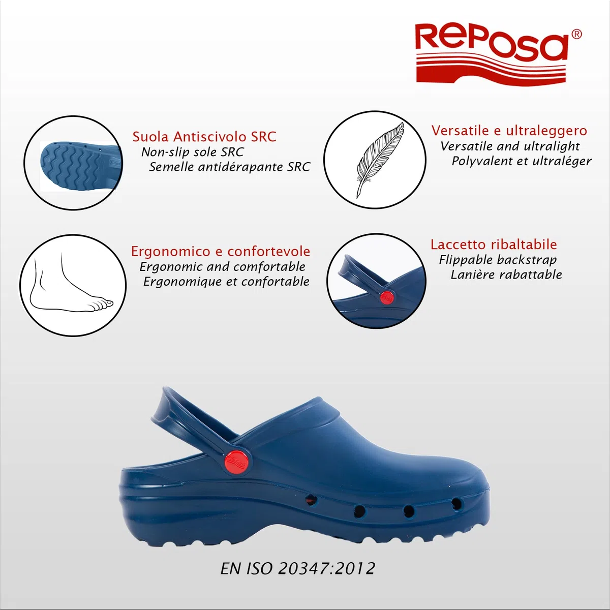 REPOSA Light One, Zoccoli Sanitari Donna Uomo in EVA con Suola Antiscivolo e Antibatterica, Ciabatte Sanitarie Anatomiche con Laccetto Ribaltabile, Scarpe Sanitarie Infermieri Traspiranti Ultraleggere