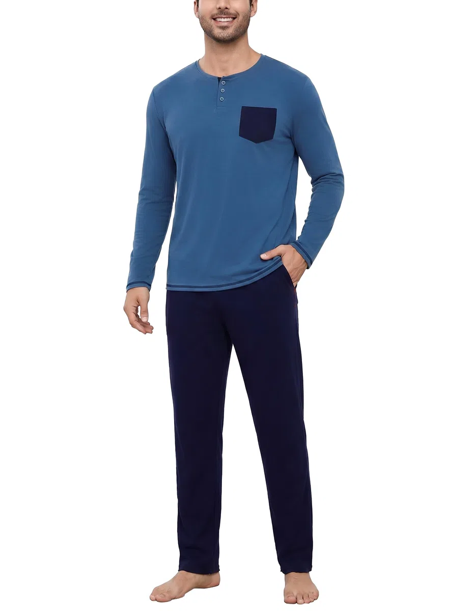 Bresdk Pigiama Invernale Uomo Cotone Lungo Abbigliamento da Casa Pigiami Lunghi con Bottoni Maglia Henley a Maniche Lunghe