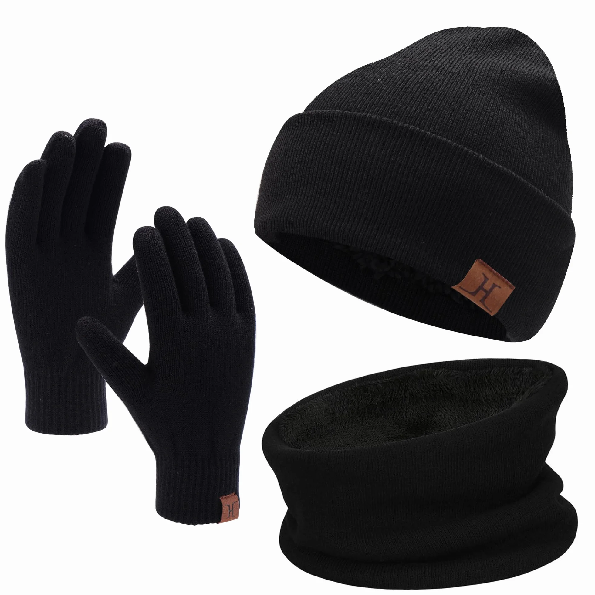 Invernali Cappello Sciarpa e Guanti Touch Screen, Berretto in Maglia Scaldacollo e Guanti con Fodera in Pile per Uomo Donna
