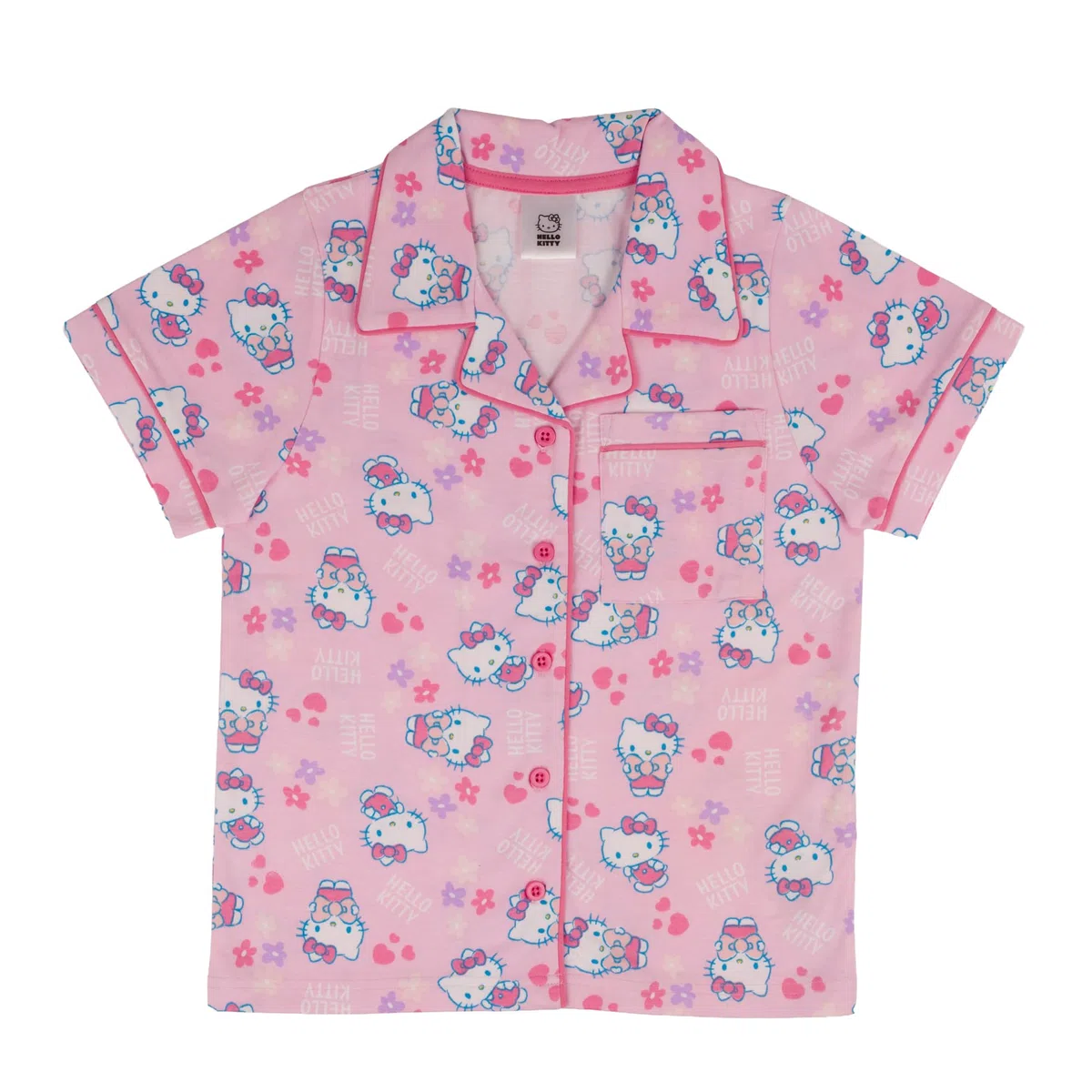 Hello Kitty, 100% Cotone con Bottoni Pigiama a Maniche Corte, Pink, Rosa