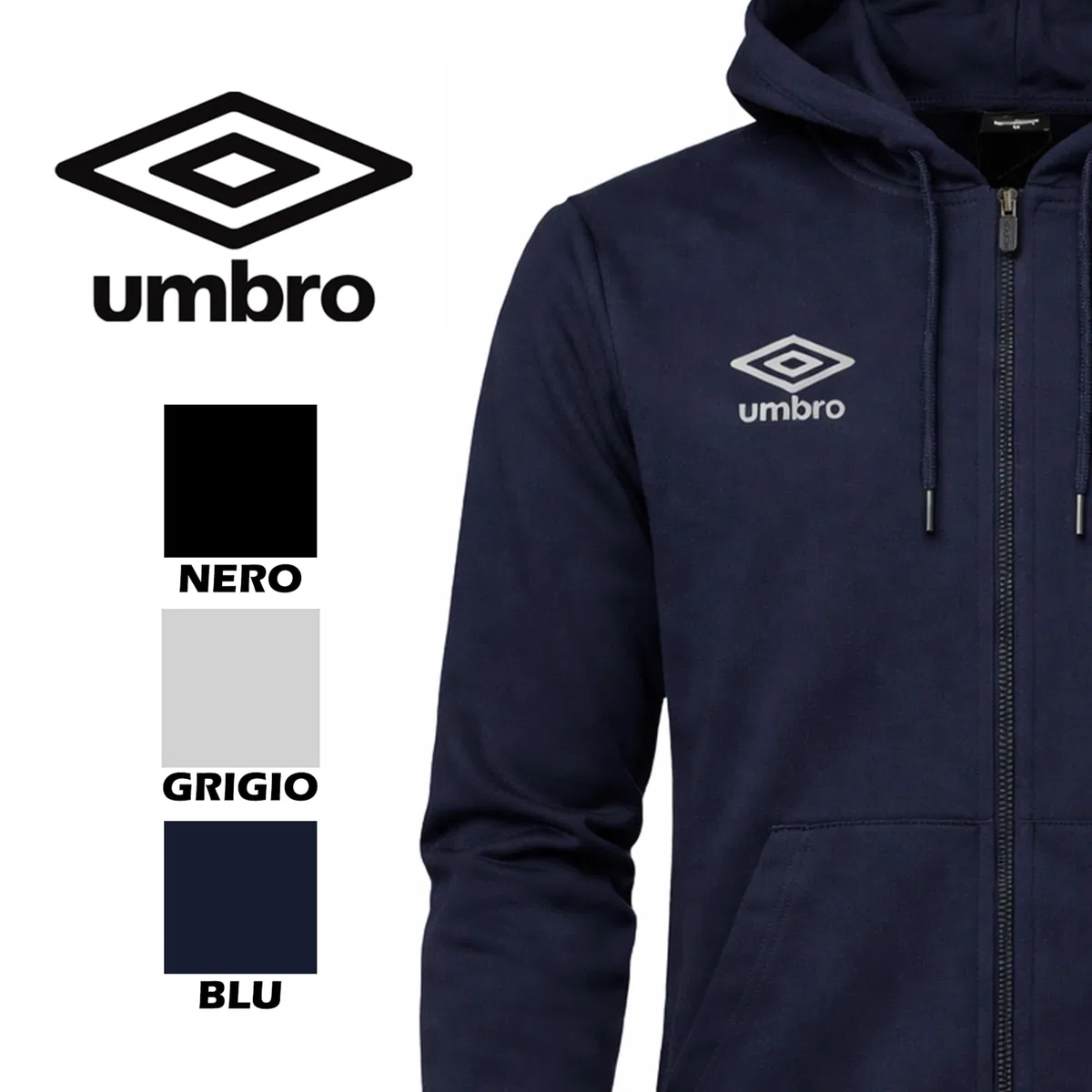 Umbro - Felpa da Uomo in Cotone Leggero con Cappuccio e Cerniera Full Zip, Sportiva, Casa, Palestra, Jogging, Tempo Libero