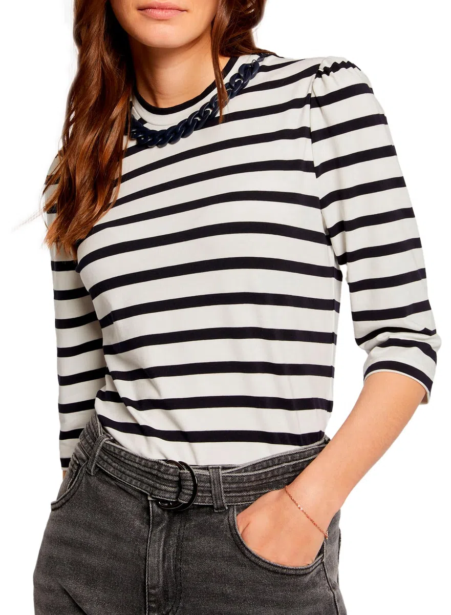 Morgan 241-tnou Maglietta a Righe, con Maniche a 3/4, Colore: Bianco (off White), Taglia: L Donna (Pacco da 1)