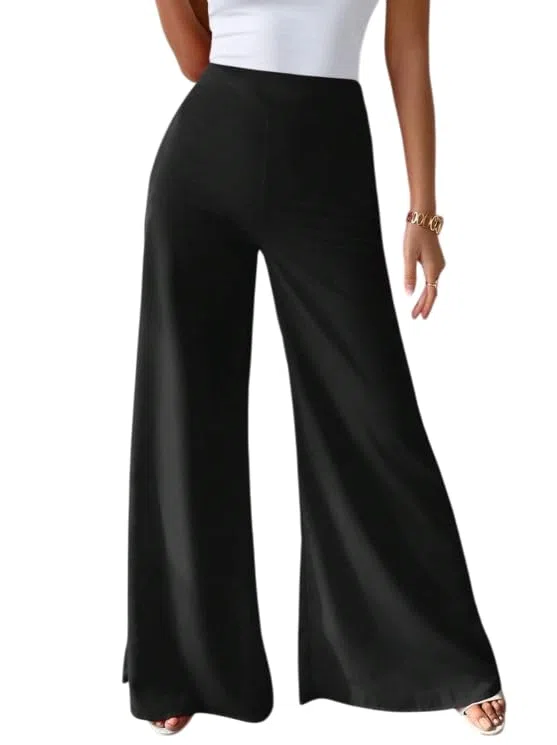 MCA Pantaloni Donna a Vita Alta Made in Italy – Gamba Larga, Palazzo Eleganti e Casual, Elastico in Vita, Look Ufficio o Tempo Libero