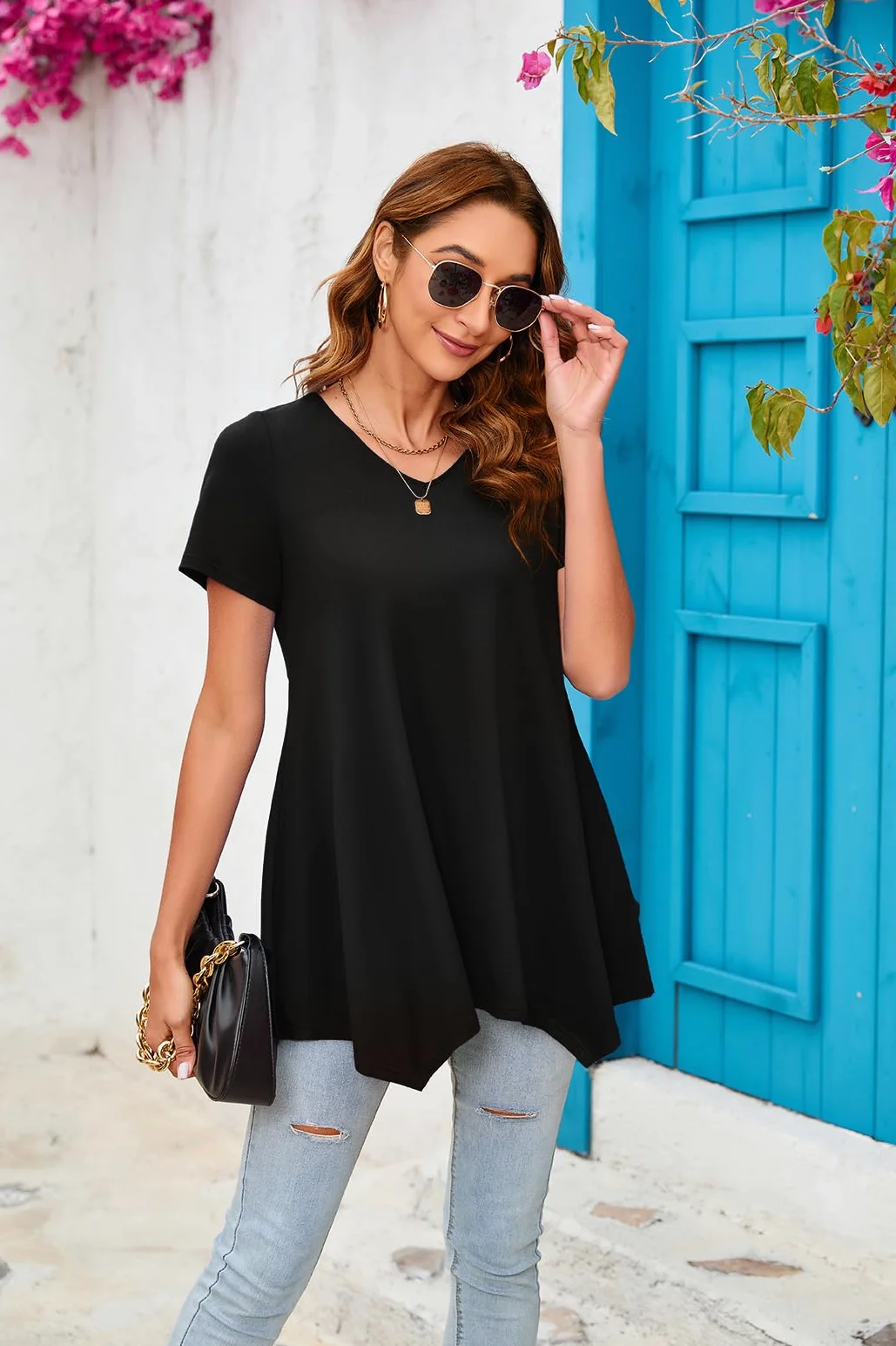 Enmain Maglietta Donna Tunica Manica Corta Estiva Scollo V Top Camicetta Longline Tinta Unita Donna Tunica con Stampata Floreale per Vacanze Primavera Estate S-3XL