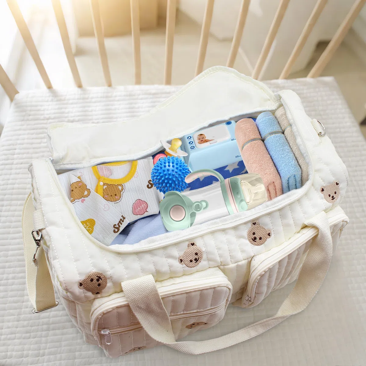 Borsa Parto Ospedale Mamma, Fasciatoio e Organizer Passeggino, Cambio Neonato Capiente, Borsa Mamma Multiuso in Cotone con Ricamo, 48 × 22 × 26 cm, per Ospedale, Viaggio e Pannolini