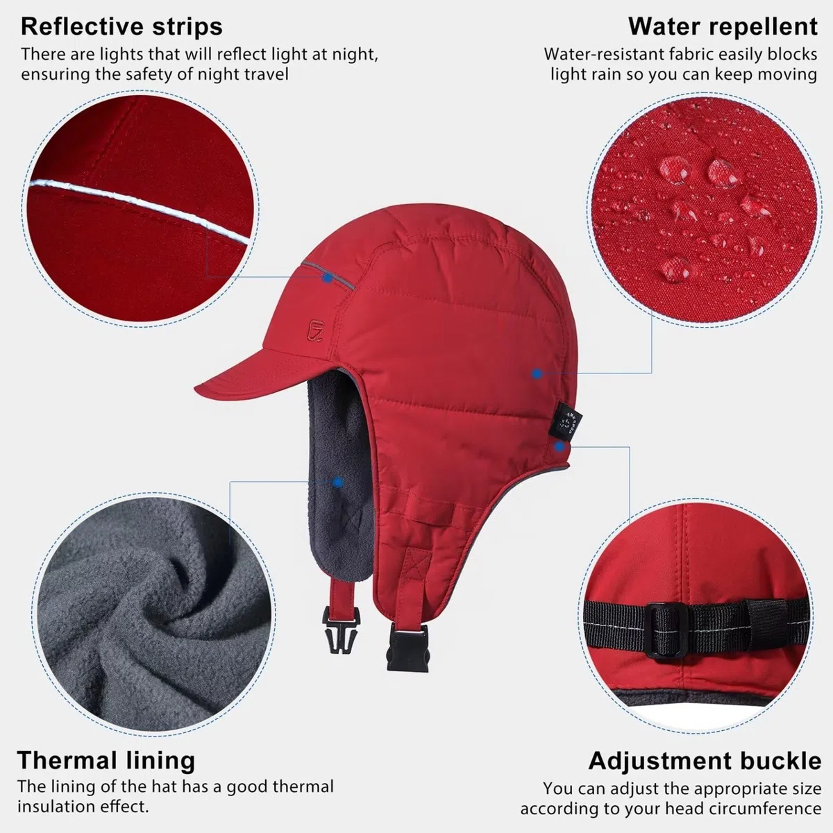 GADIEMKENSD Trapper Hat Winter Hat with Ear Flaps Water Repellent Reflective Baseball cap