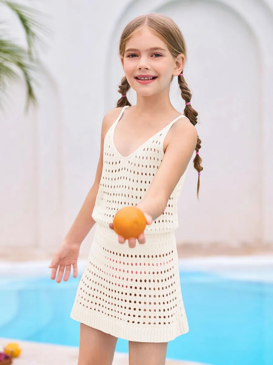 Haloumoning Costume da bagno da bambina senza maniche, lavorato a maglia, per l'estate, 7-14 anni