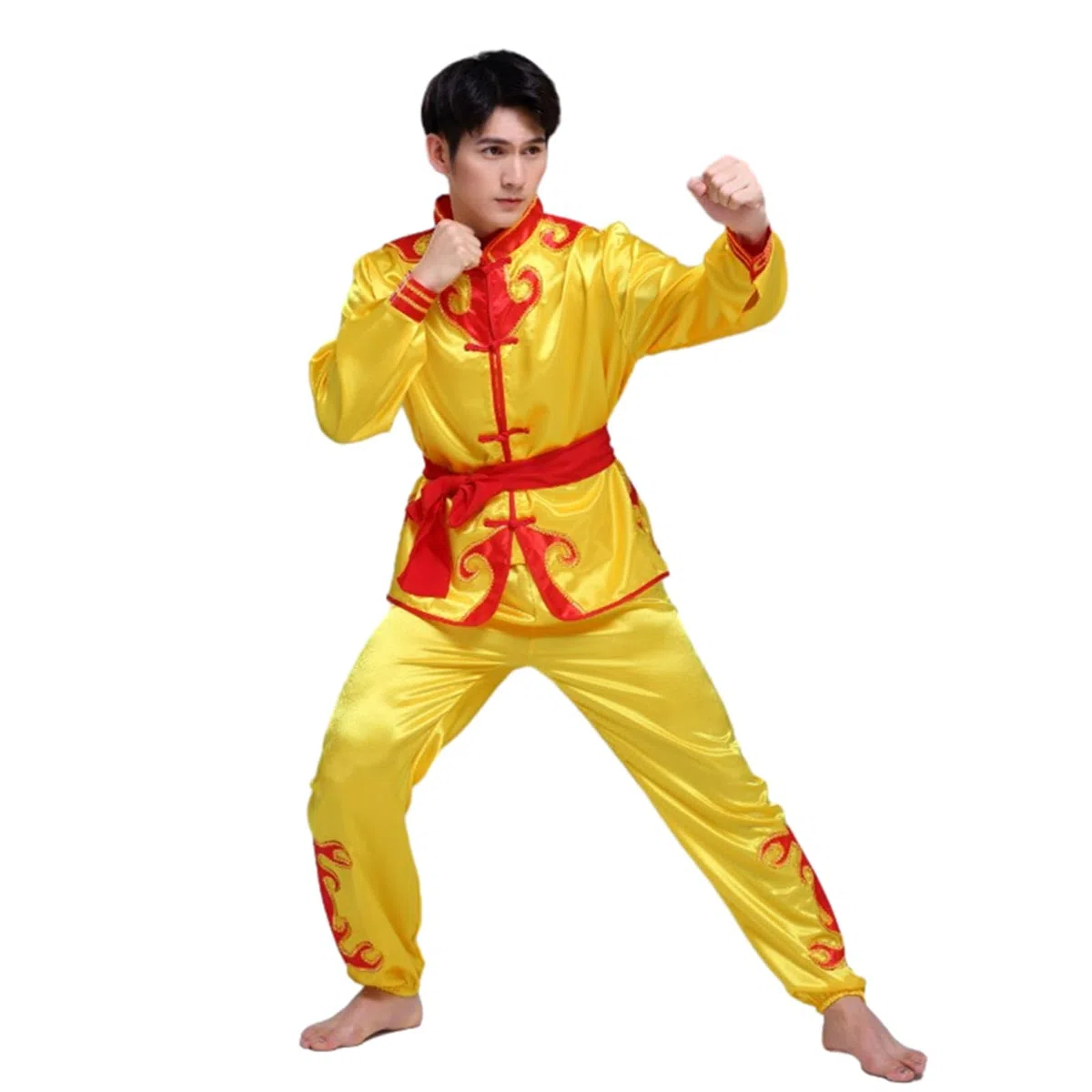 Completo da Kung Fu da uomo, per arti marziali cinesi, con camicia e pantaloni, costume tradizionale Tang, Giallo, X-Large