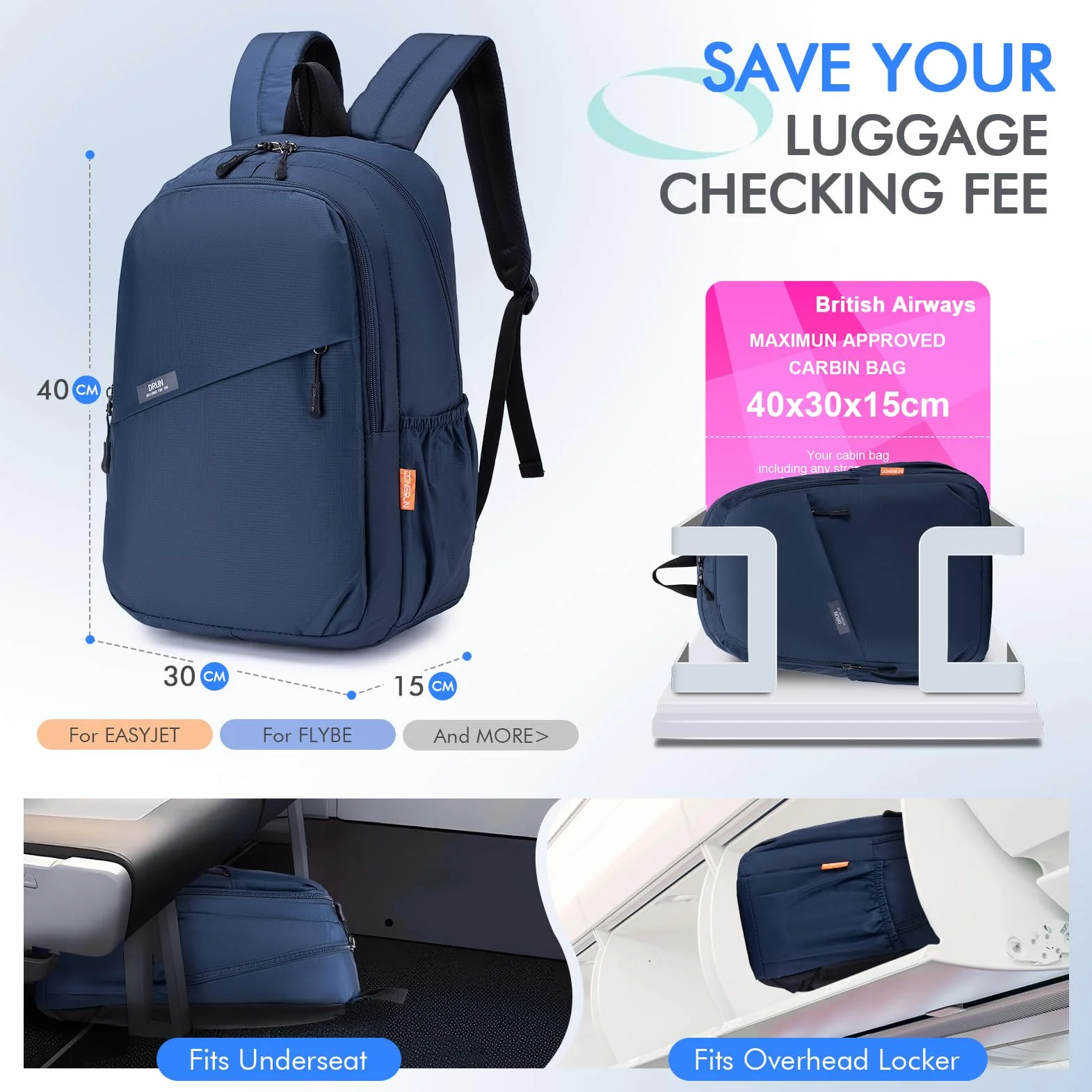 BAGZY Zaino 40x30x15 ITA Airways Bagaglio a Mano 40x15x30 British Airways Antifurto Zainetto da Viaggio Aereo Piccolo Borsa Da Cabina Impermeabile Zaini Classico per College Scuola Donna Uomo Nero