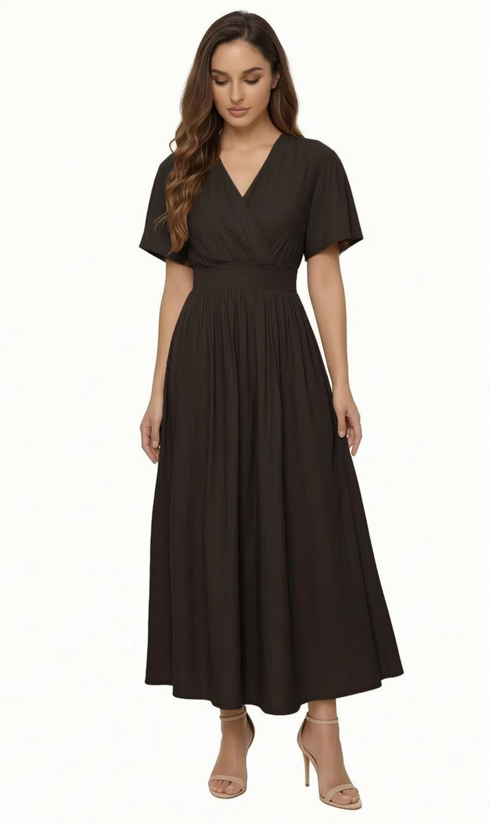 Vestito Donna Estivo Lungo Elegante Casual Tinta Unita Scollo a V Maniche a Volant Vita Elastica Linea A Abito Spiaggia Mare Q131