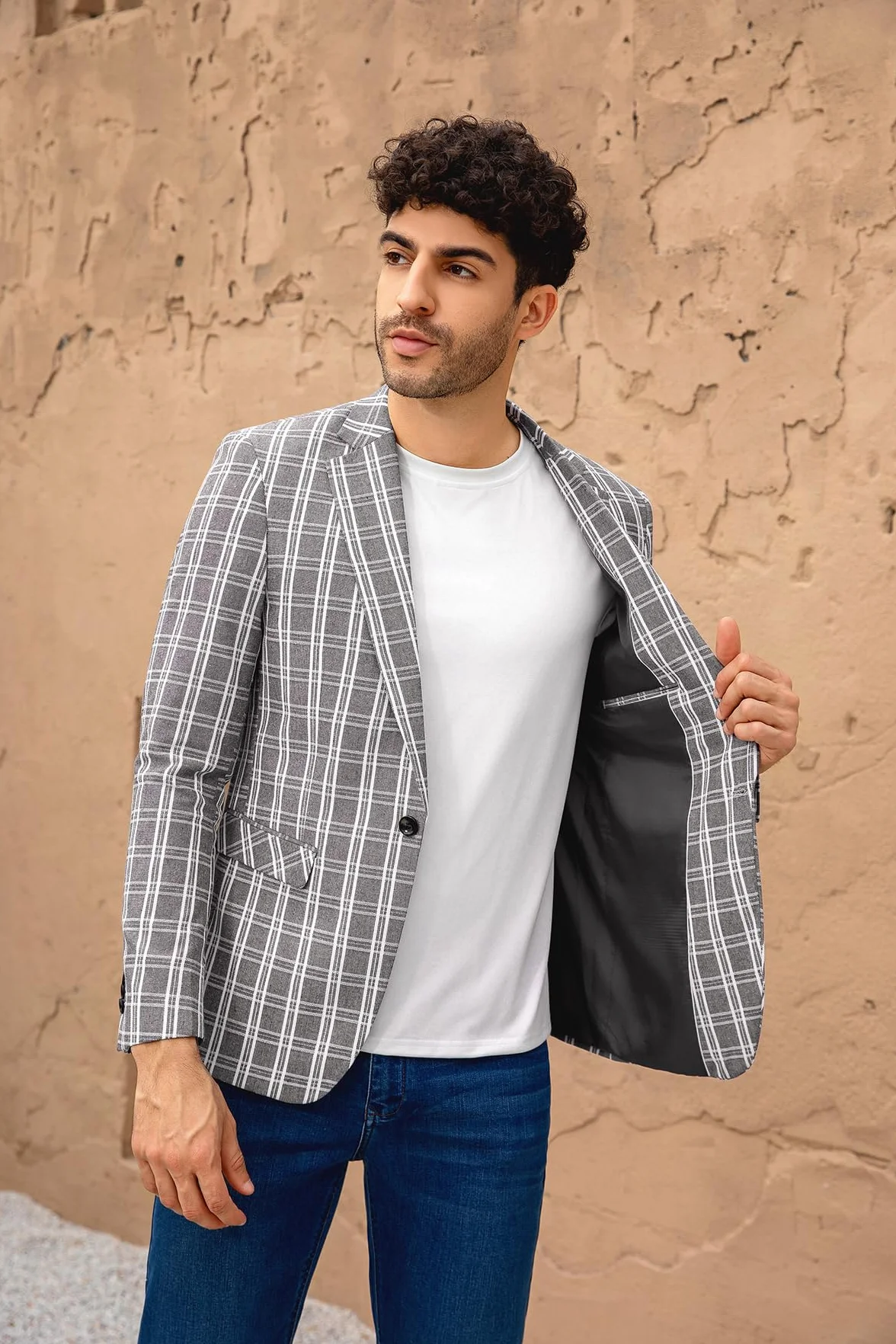 Allthemen Blazer Uomo a Quadri Slim Fit Giacca Elegante Business Tinta Unita Cappotto Vintage con Button Suit per Festa Nozze