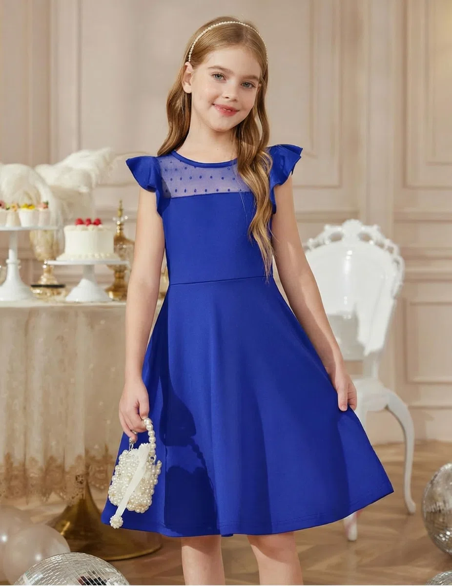 Arshiner Ragazze Abito Estivo con Maniche a Balze in Rete Abiti da Festa Casual con Tasche 6-13 Anni