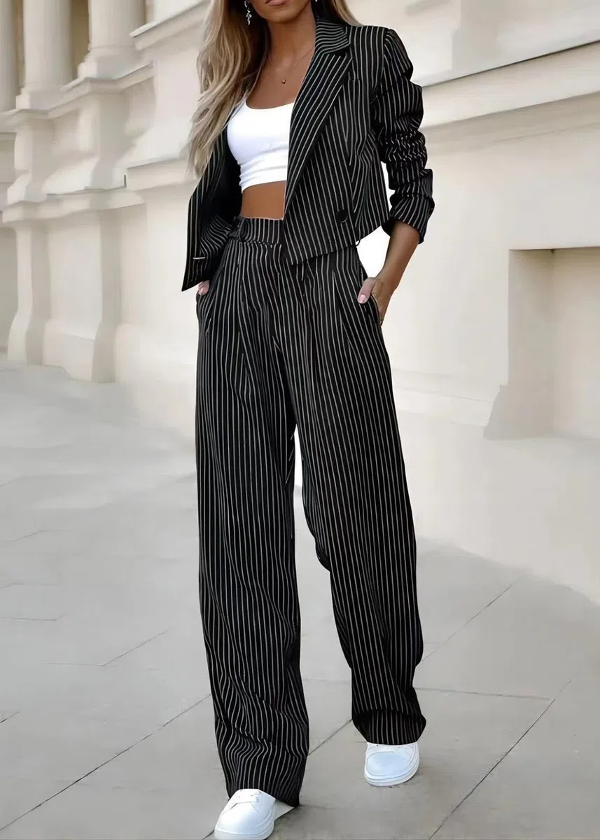 Tailleur Donna Pantaloni e Giacca 2 Pezzi Strisce Completo Business Ufficio Blazer con Colletto a Revers e Pantaloni Dritta a Vita Alta Tailleurs Casuale Chic Tuta Completa