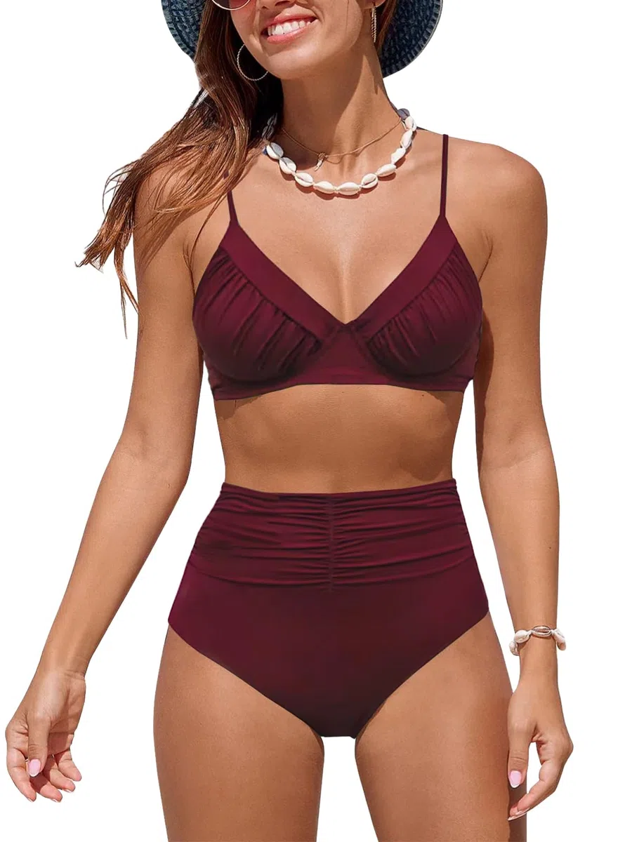 Costume da Bagno Donna Due Pezzi a Vita Alta Increspato Scollo a V Sexy Bikini Set Costumi Mare Halter Push Up Imbottito Beachwear