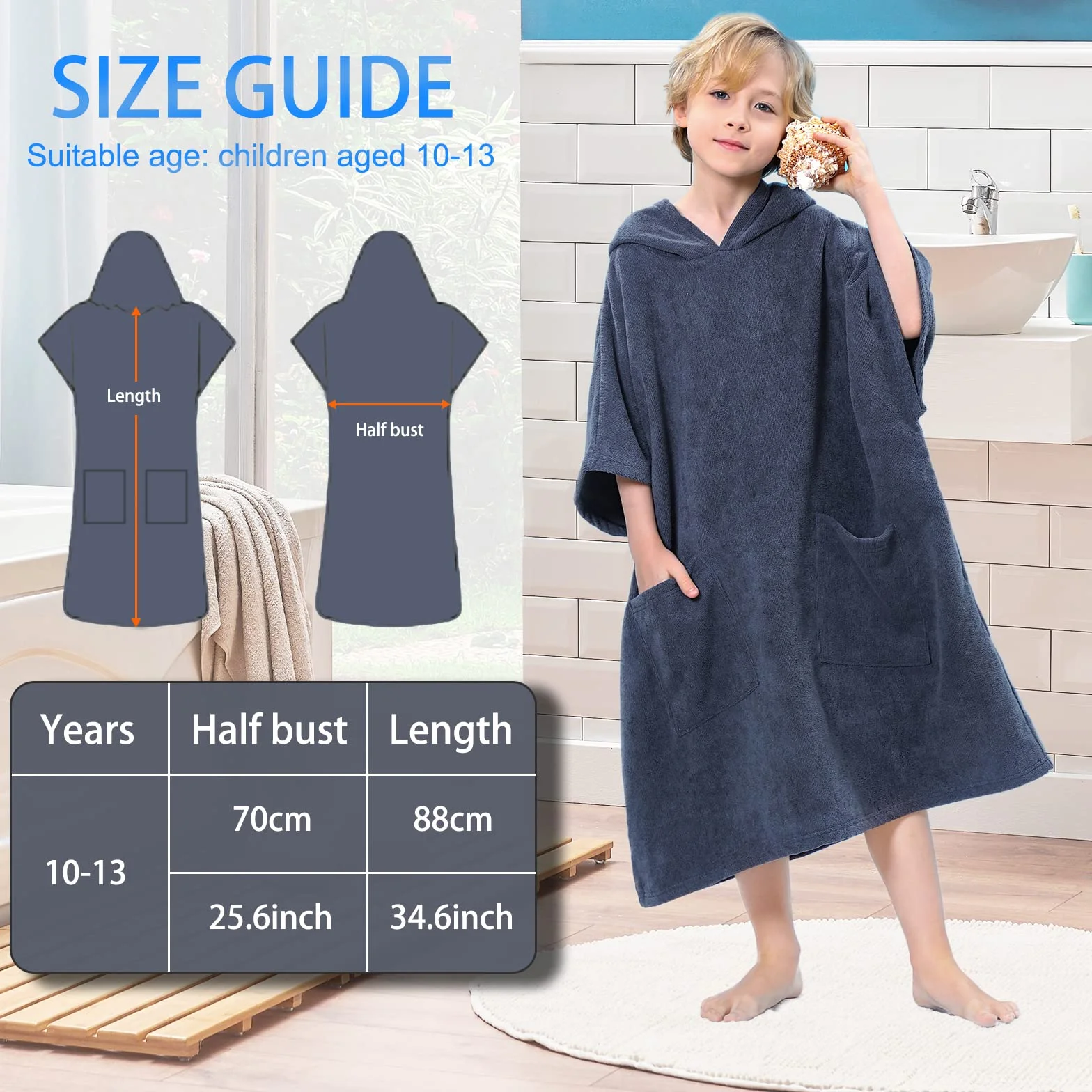 TOMEEK Asciugamano Poncho con cappuccio Bambini Soft Accappatoio con Tasca Beach Poncho Asciugatura Rapida Surf Poncho Bagno Poncho Asciugamano 9-13 Anni