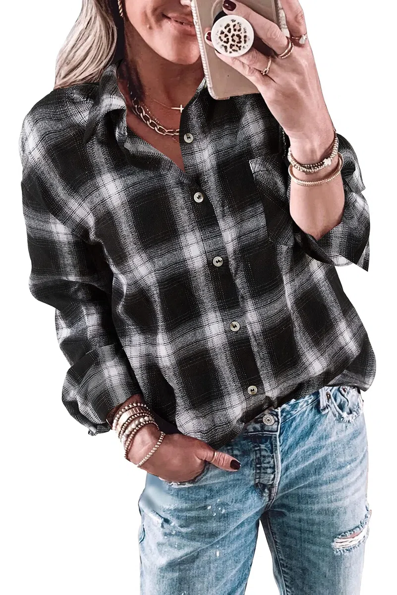 Imily Bela Camicia da donna a quadri, casual, a maniche lunghe, in flanella, a quadretti, a maniche lunghe.