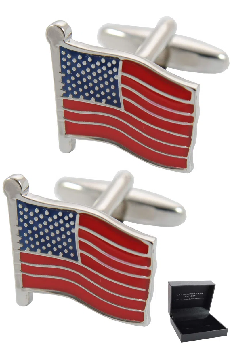 Gemelli Camicia Uomo America - Con Scatola - Bandiera Degli Stati Uniti d'America - USA - Ottone - Colori Rosso, Blu e Argento - Un Paio