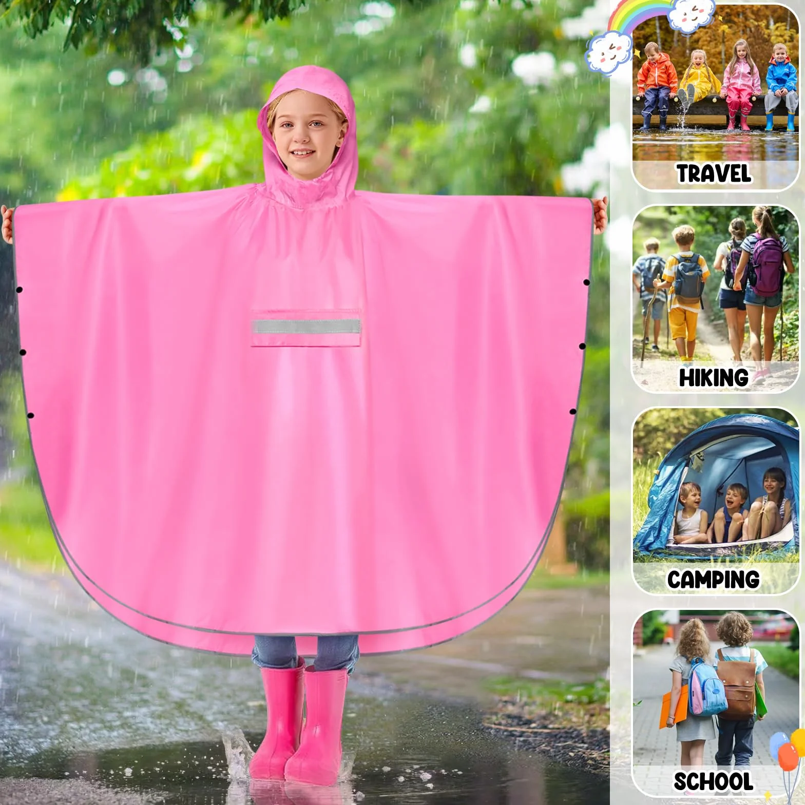 Mantella Antipioggia Bambino Leggero Poncho Antipioggia Bambino Impermeabile Con Strisce Riflettenti Unisex Poncho Antipioggia Per Ragazze E Ragazzi 120-160cm