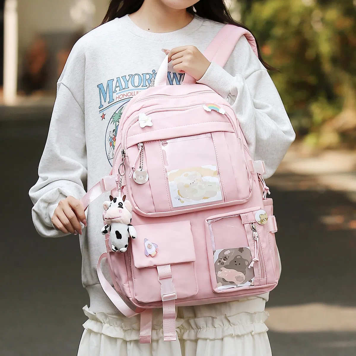 Zaino Kawaii con Accessori Graziosi Pin, Kawaii Peluche Giocattolo Animale Pin e Carta dei Cartoni Animati, Kawaii Backpack, Zaino Scolastico