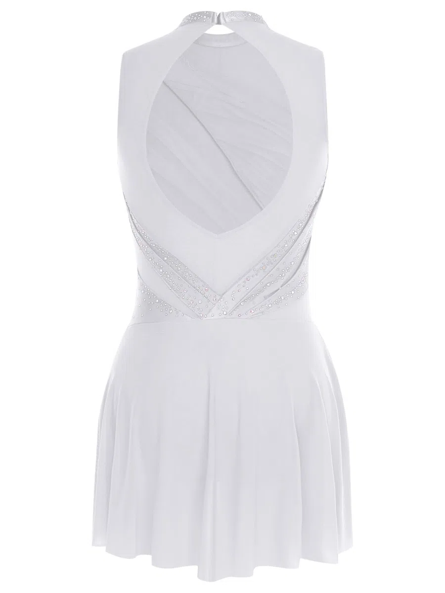 Vestito da donna Danza Pattinaggio Artistico Body Ginnastica Strass senza maniche Costume Danza Concorso Contemporaneo