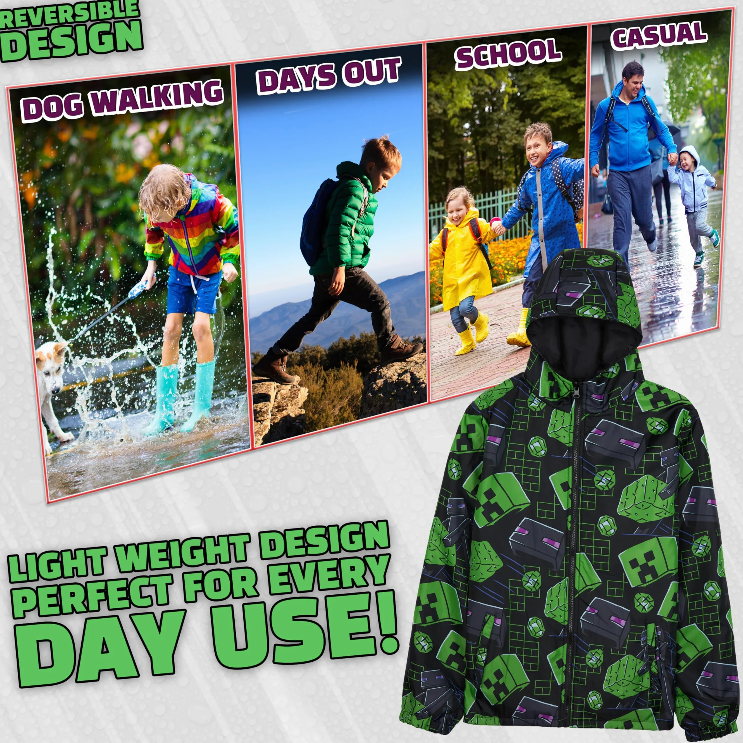 Get Trend Fortnite | Minecraft | Pokemon Giacca Impermeabile Bambino, Giacca Antipioggia con Fodera in Pile o Reversibile, Regalo Ragazzo