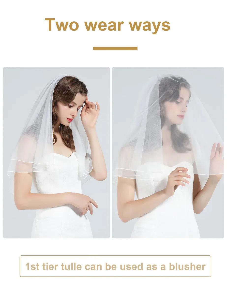 BEAUTELICATE Velo da Sposa Velo Tulle Corto 2 Strati Gomito Dito Lunghezza con Pettine di Metallo per Nozze Bianco Avorio