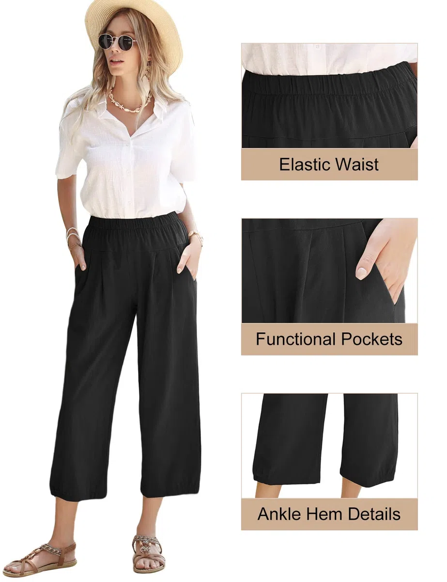 Pantaloni Donna Estivi Casual Cotone e Lino 7/8 Pantalone Gamba Larga Leggeri Pantaloni Elastici in Vita Tinta Unita Harem Pants con Tasche