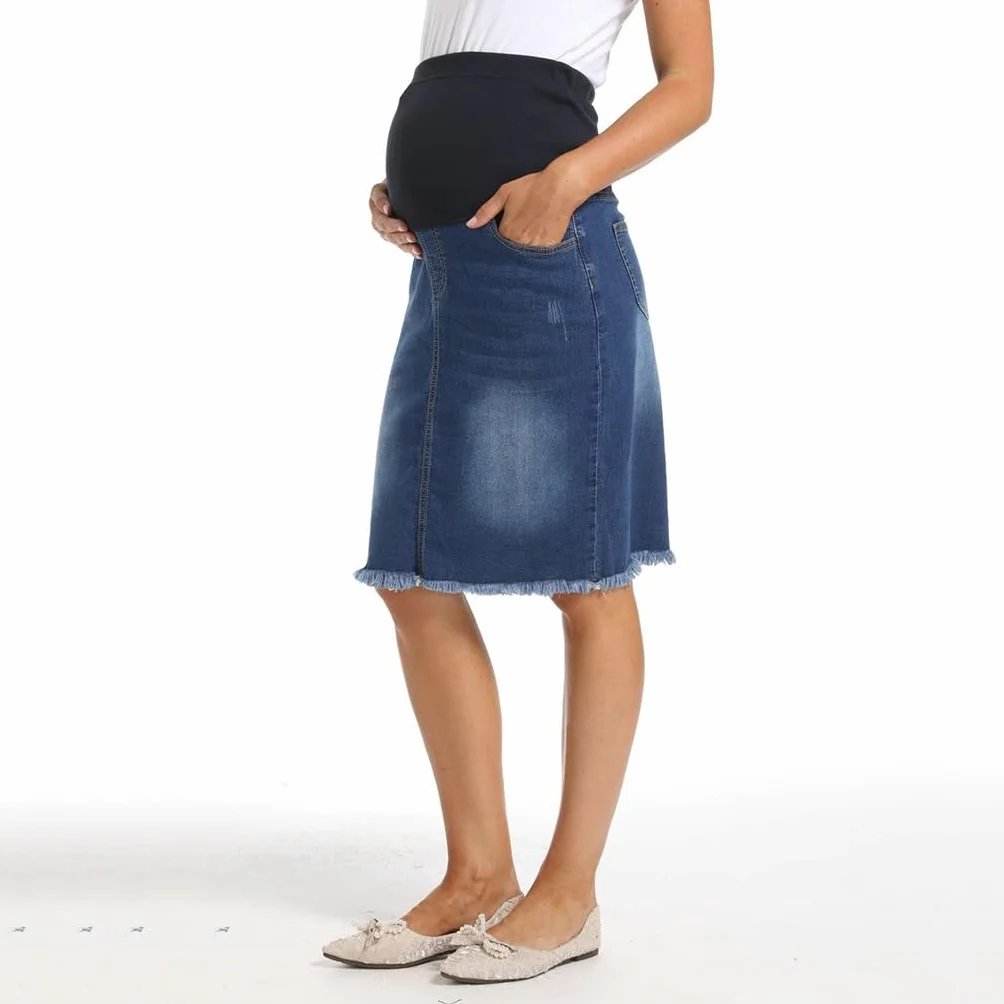 FaroLy Gonna Donna maternità Casual Jean Vita Alta Orlo Grezzo Bodycon Denim Vestiti di Gravidanza con Tasche