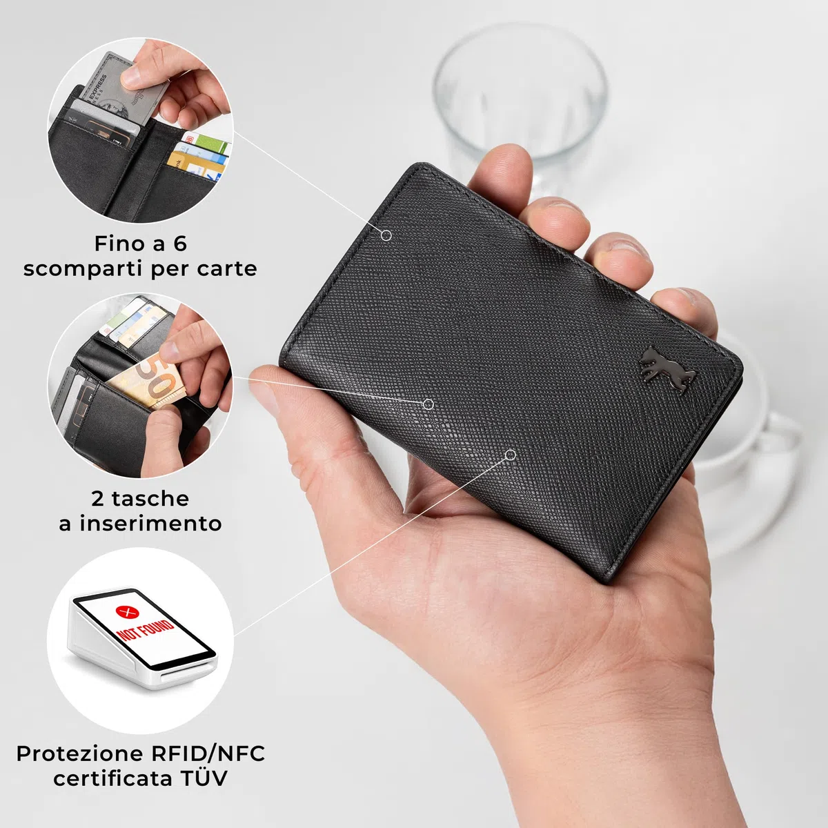 Berliner Bags Porto Portacarte Slim Uomo in Vera Pelle con Protezione RFID, 8 Carte, Tasca per Banconote, Scatola Regalo – Nero