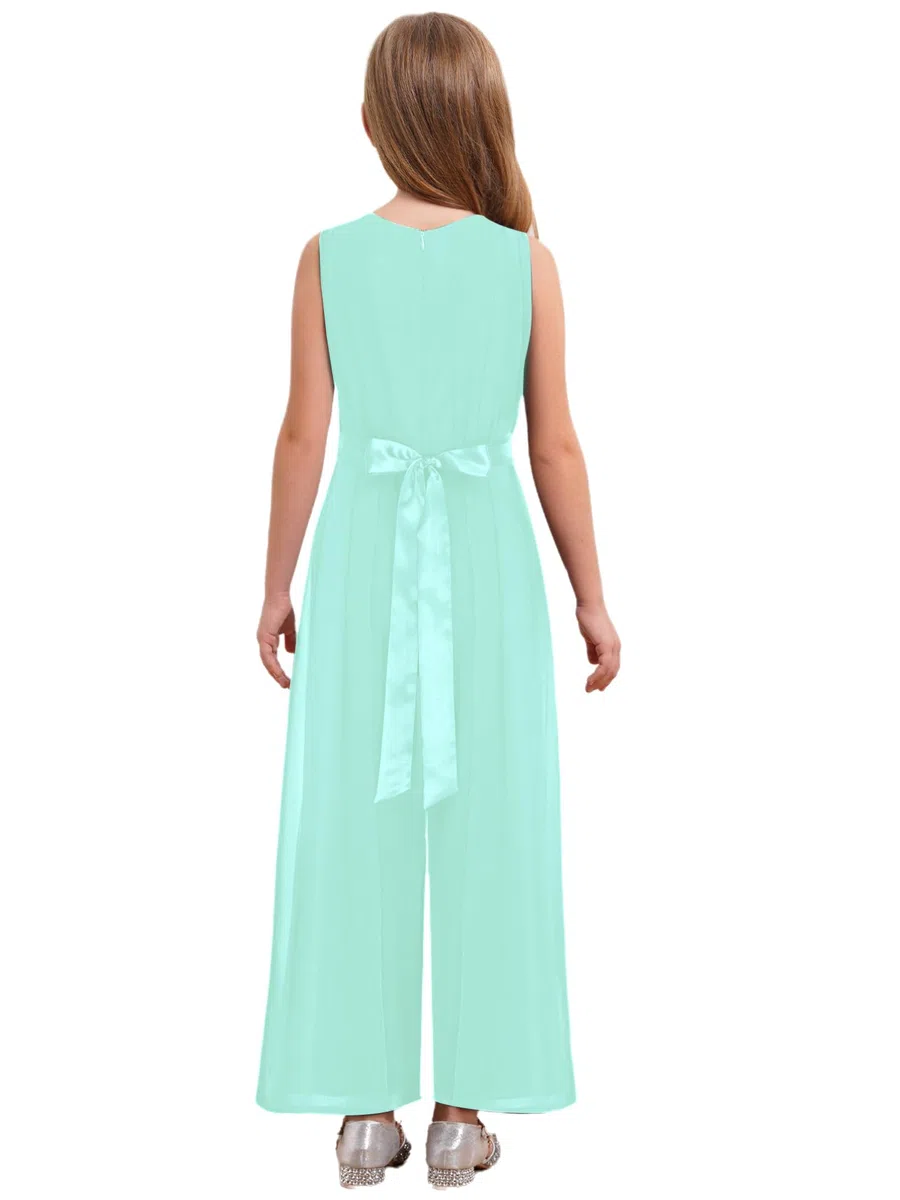 YiZYiF Tuta Elegante Jumpsuit per Bambina Senza Maniche Salopetta in Chiffon con Fiori e Cintura Lunga Overall Per Matrimonio