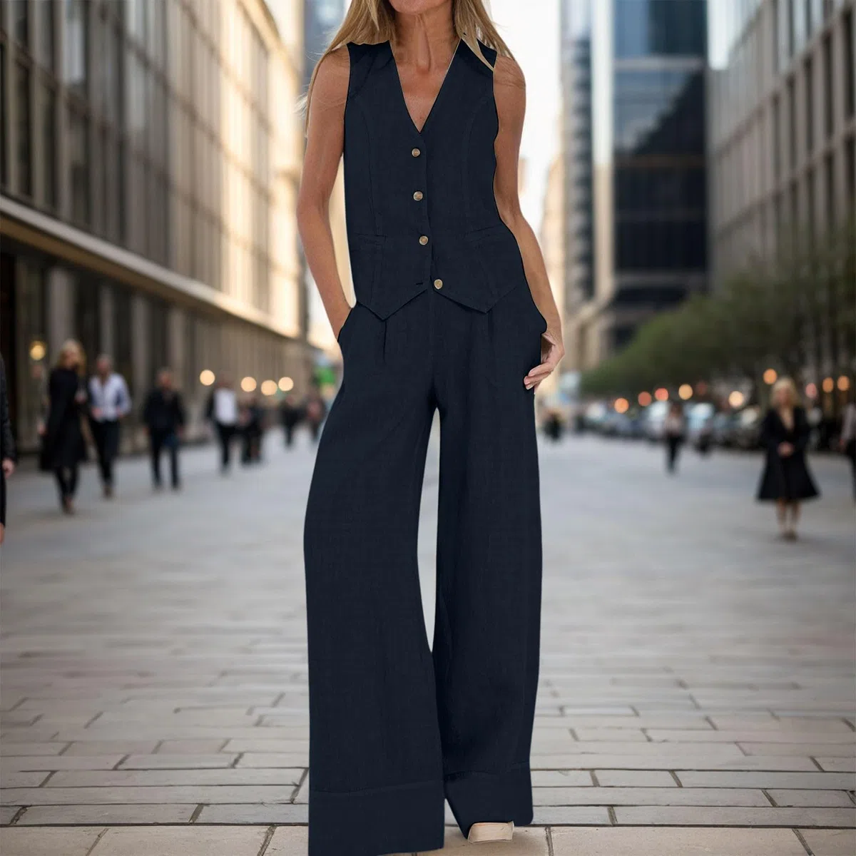 Generico Tailleur Donna Eleganti 2 Pezzi Set Gilet Con Scollo a V Senza Maniche Pantaloni a Gamba Larga Forti Completo Set Estate Lino Abbinato Tuta