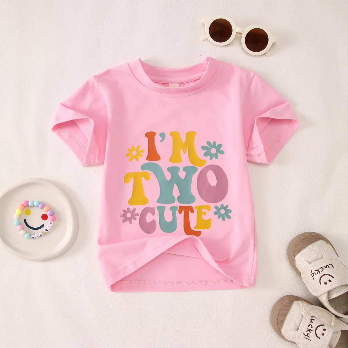 Maglietta per il 2° compleanno per ragazze "I'm Two Cute" Stampante Shirt Secondo Compleanno Camicie Festa di Compleanno Abbigliamento Estivo Manica Corta Top Morbido Girocollo Tshirt 2 Anni Bambini