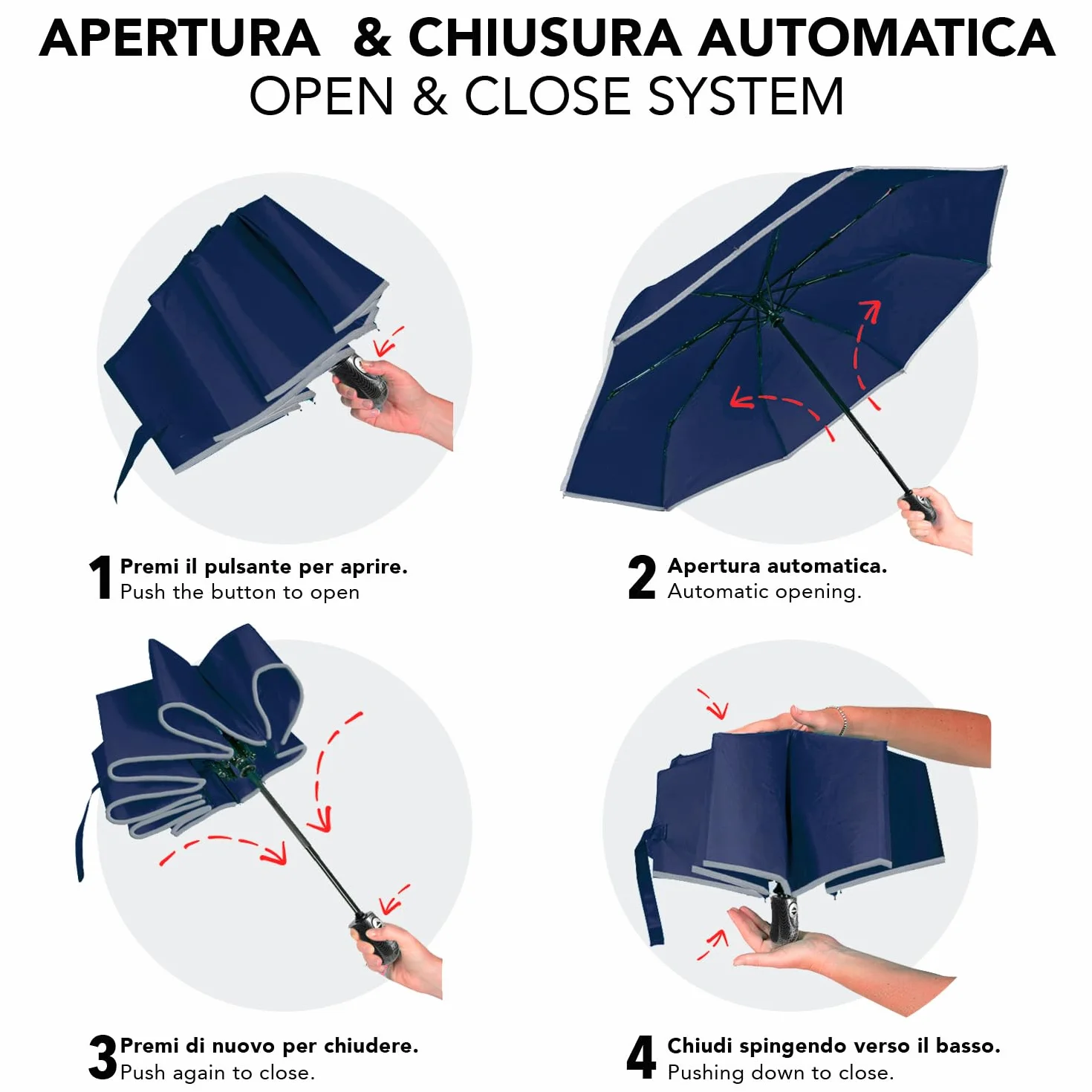 PERLETTI Ombrello Pieghevole Antivento Uomo - Ombrellino Compatto Resistente Ultra Leggero Adulto - Ombrello Apertura e Chiusura Automatica da Viaggio - Diametro 104 cm