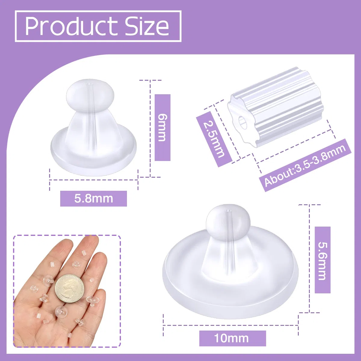 Toaob Orecchini ipoallergenici a perno piatto e chiusure, plastica, Clear, 3x3mm