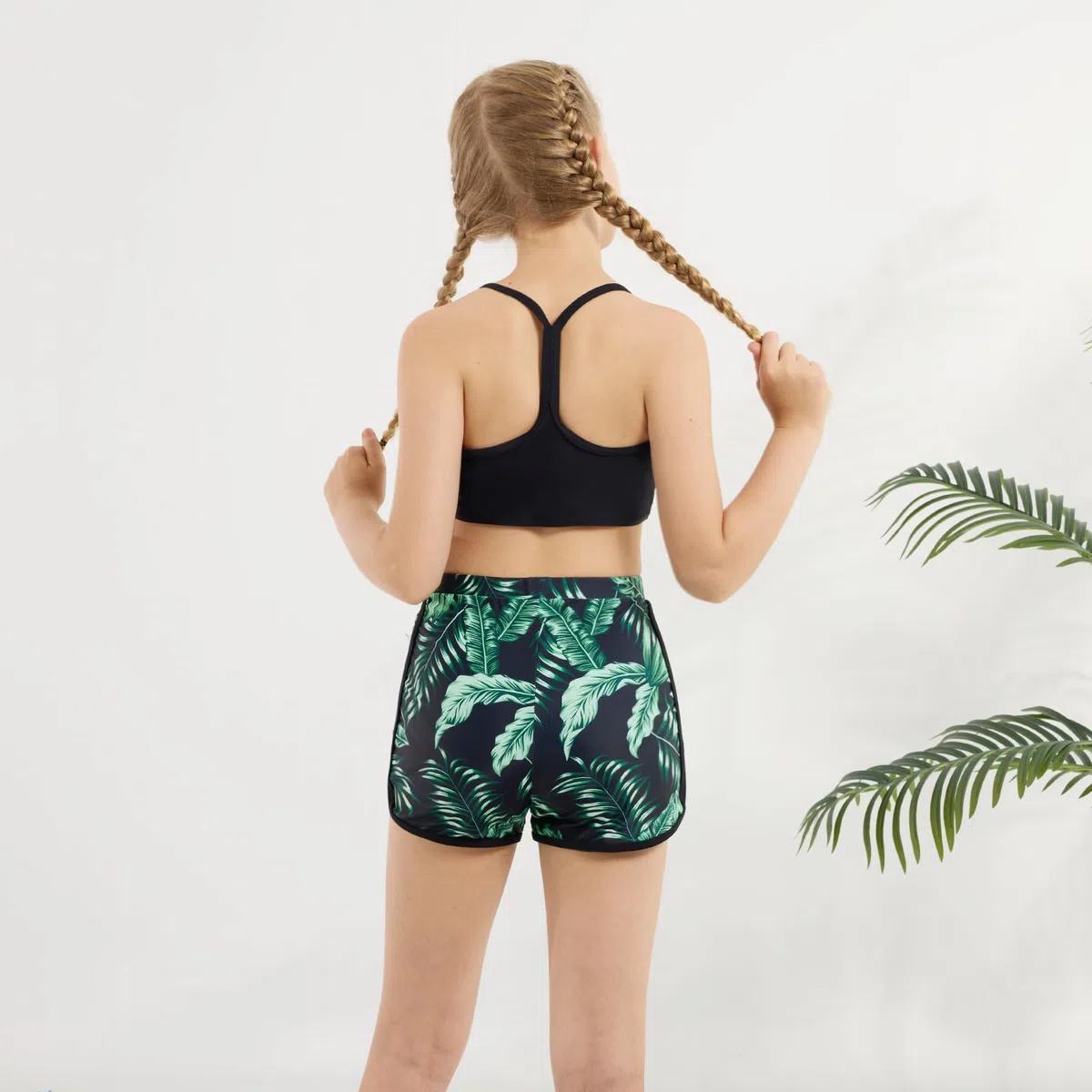 Costume da bagno da bambina in 3 pezzi, tinta unita, con pantaloncini sportivi stampati, costume da bagno per ragazze adolescenti 9-16 anni