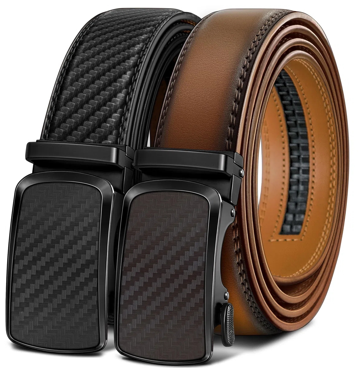 BULLIANT Cintura 2 Pezzi, Cintura Uomo Pelle Cricchetto Automatica Fibbia 35mm,Trim Regolabile per Adattars
