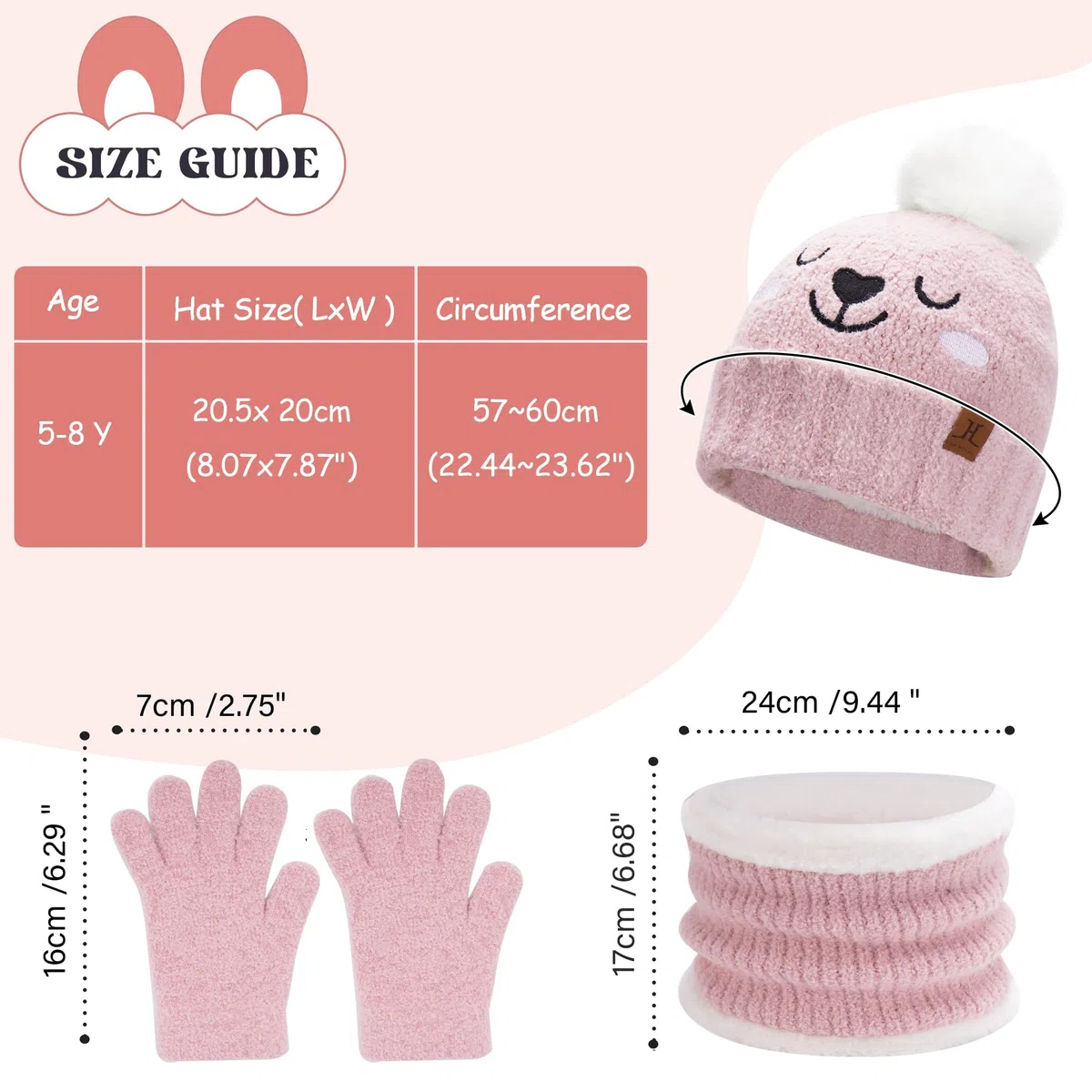 Bequemer Laden Invernale Bambino Sciarpa Guanti Cappello con Pon Pon, Termico Berretto Scaldacollo Manopole per 0-4 Anni Bambini Piccoli 5-8 Anni Bambina Bimbo
