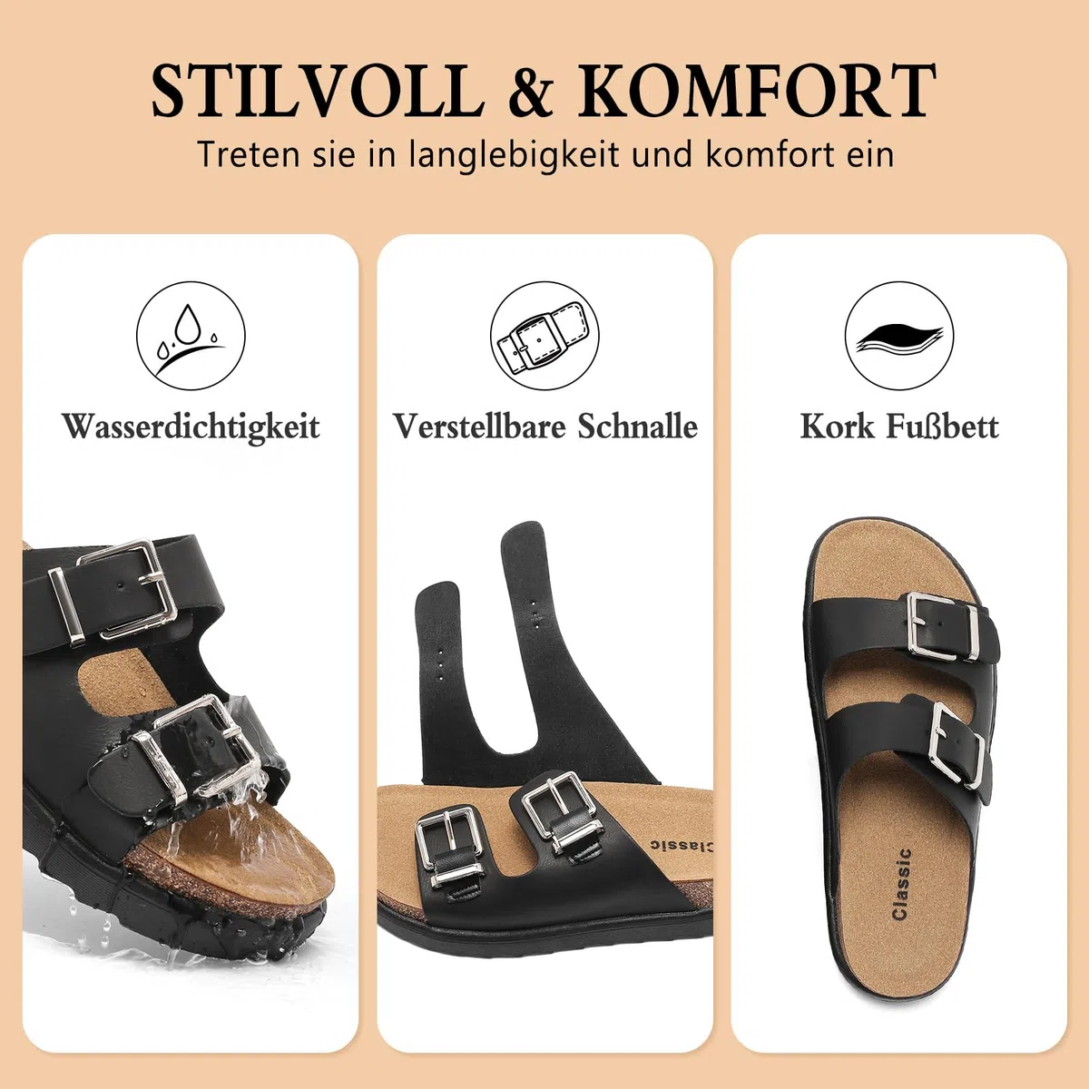 Sandali Donna con Sughero Estivi, Ciabatte con Doppia Fibbia Pantofole Morbide Slip-On, Comode Sabot da Casa con Suola Spessa