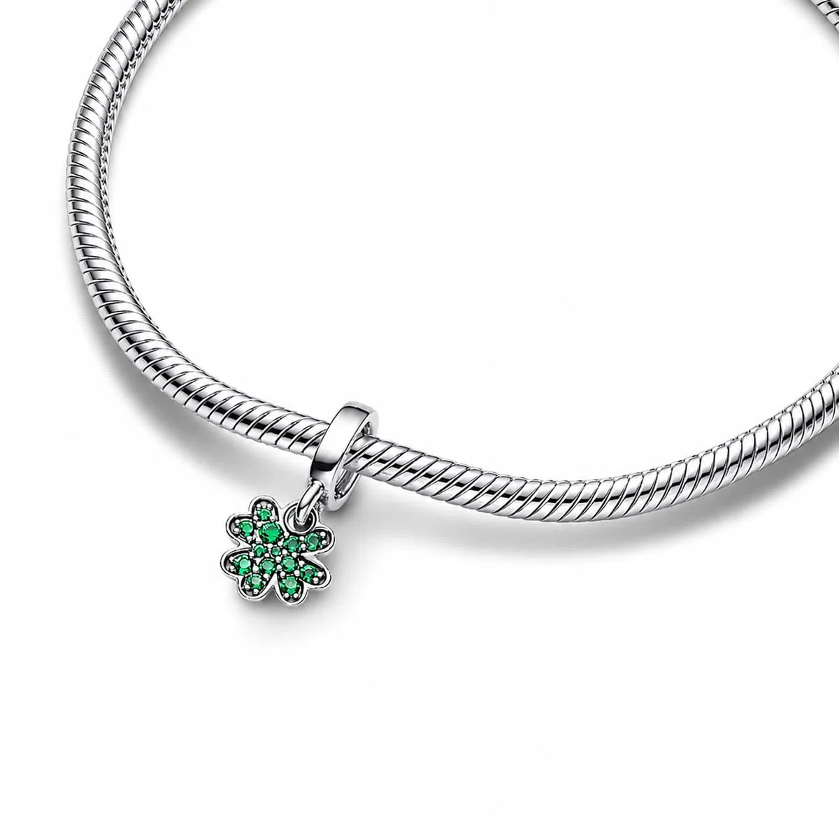 Bracciale Morbido Clip e Charm Bead Quadrifoglio Verde con Zirconi Compatibile con Tutte le Marche Originale Pendente in Argento
