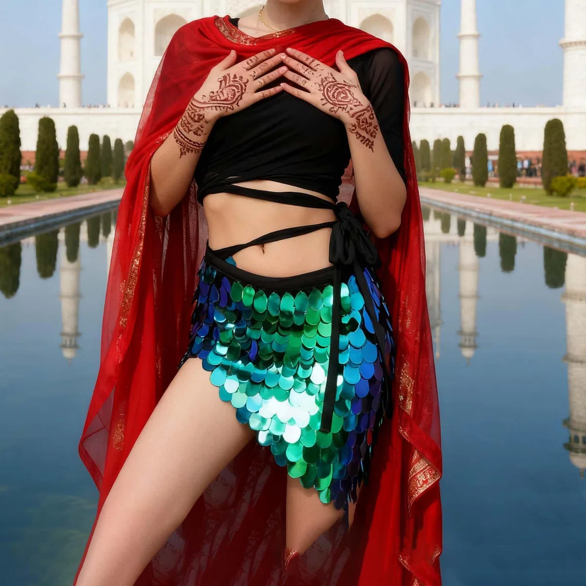 Gonna per danza del ventre, sopra il ginocchio, con paillettes, da sirena, da avvolgere ai fianchi, per rave, carnevale, costume da donna