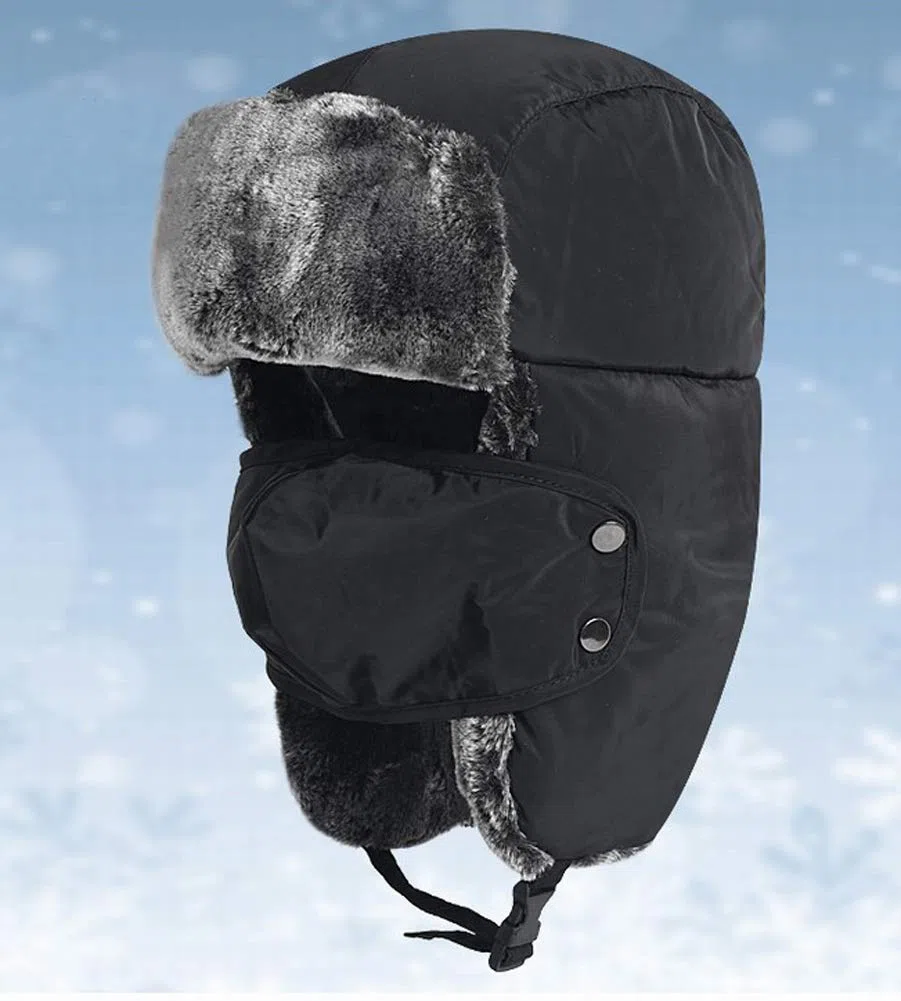Cappello Invernale Unisex per Bambini dai 5 ai 15 Anni, Foderato in Pelliccia Termica con Aletta per Le Orecchie, Antivento, Copertura per la Bocca, Neve, Sci, Snowboard, Bomber, Bambino, Nero