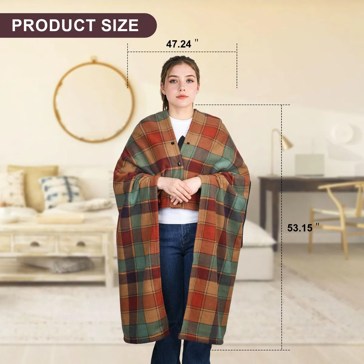 Coperta portatile, cuscino compatto 2 in 1, coperta da donna in pile con bottone, copriletto a quadri, cuscino per letto, divano, ufficio