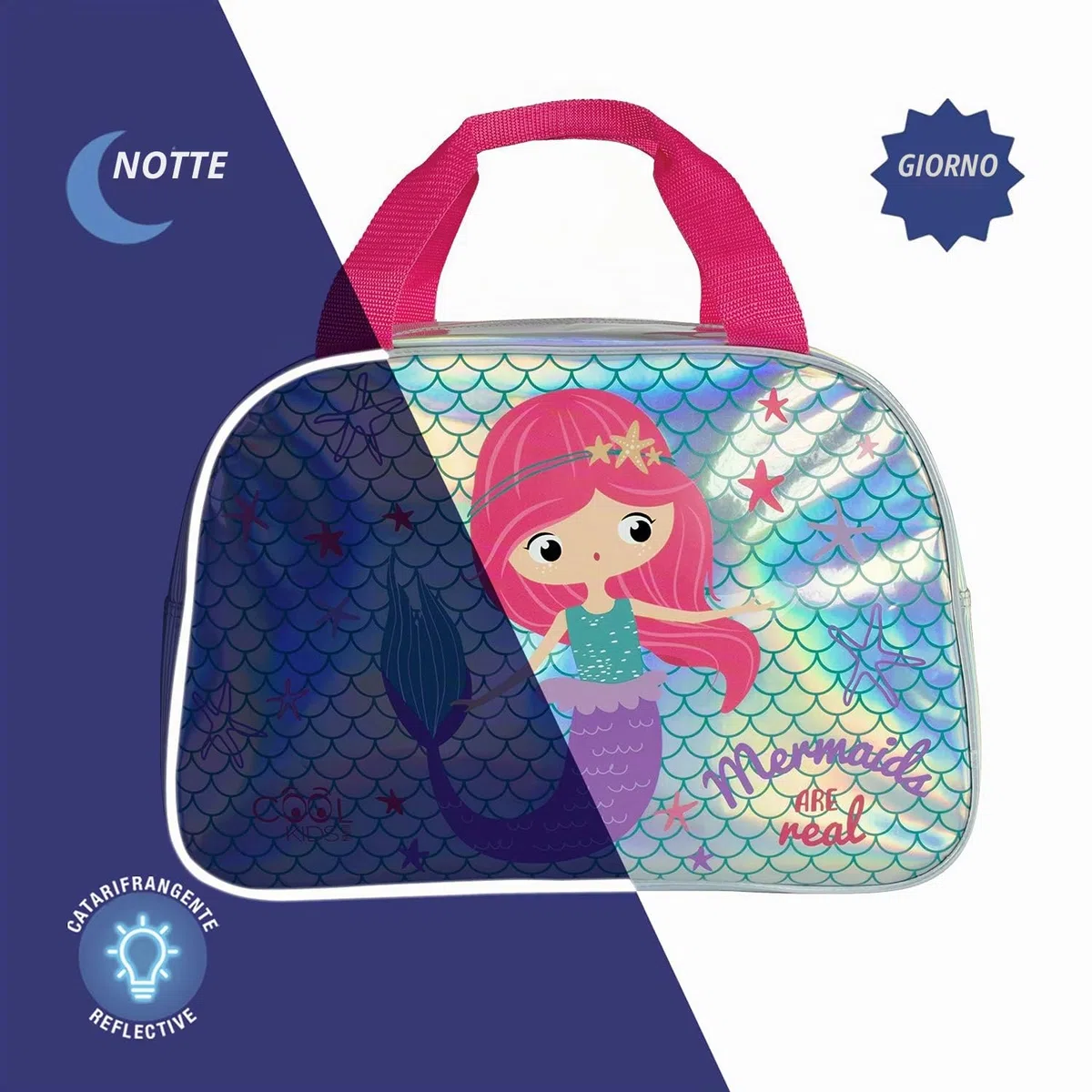 PERLETTI Borsa sportiva per bambini, ragazza, rosa o argento, borsa da viaggio e tempo libero a tracolla per ragazza, unicorno o sirena, borsa da palestra riflettente con stelle e paillettes, 28 x 41