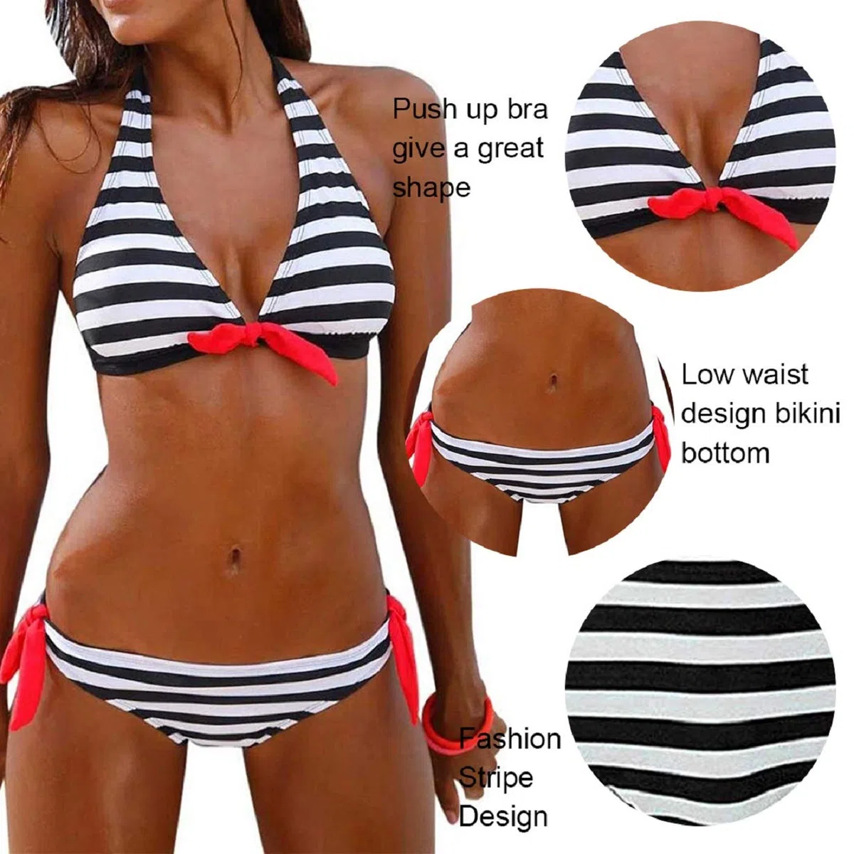 Tuopuda Costumi da Bagno Donna Costume Mare Push Up Imbottito Reggiseno Bikini Due Pezzi Righe Halter Coordinati Sexy Abiti da Spiaggia Brasiliana Bikini Estivi Beachwear