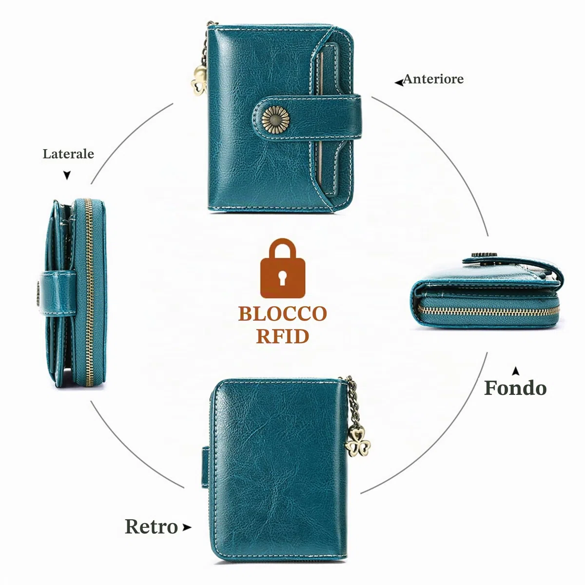 SENDEFN Portafoglio Donna in Pelle Vegana di Blocco RFID in Pelle Corto Portamonete per Donna con 8 Scomparti per Carte 2 Finestra di Identificazione,Metallo Pendente e 1 Tasca con Cerniera