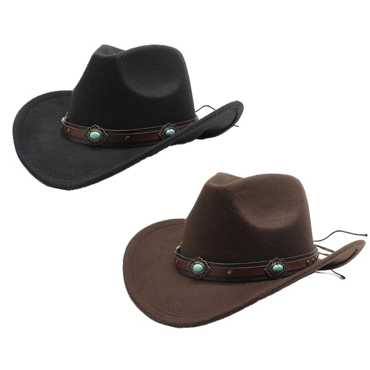 2 cappelli classici in lana da cowboy per uomini e donne, autunno-inverno, stile occidentale, cappello in feltro con cinghia, design decorativo in zaffiro, per esterni (caffè+nero)