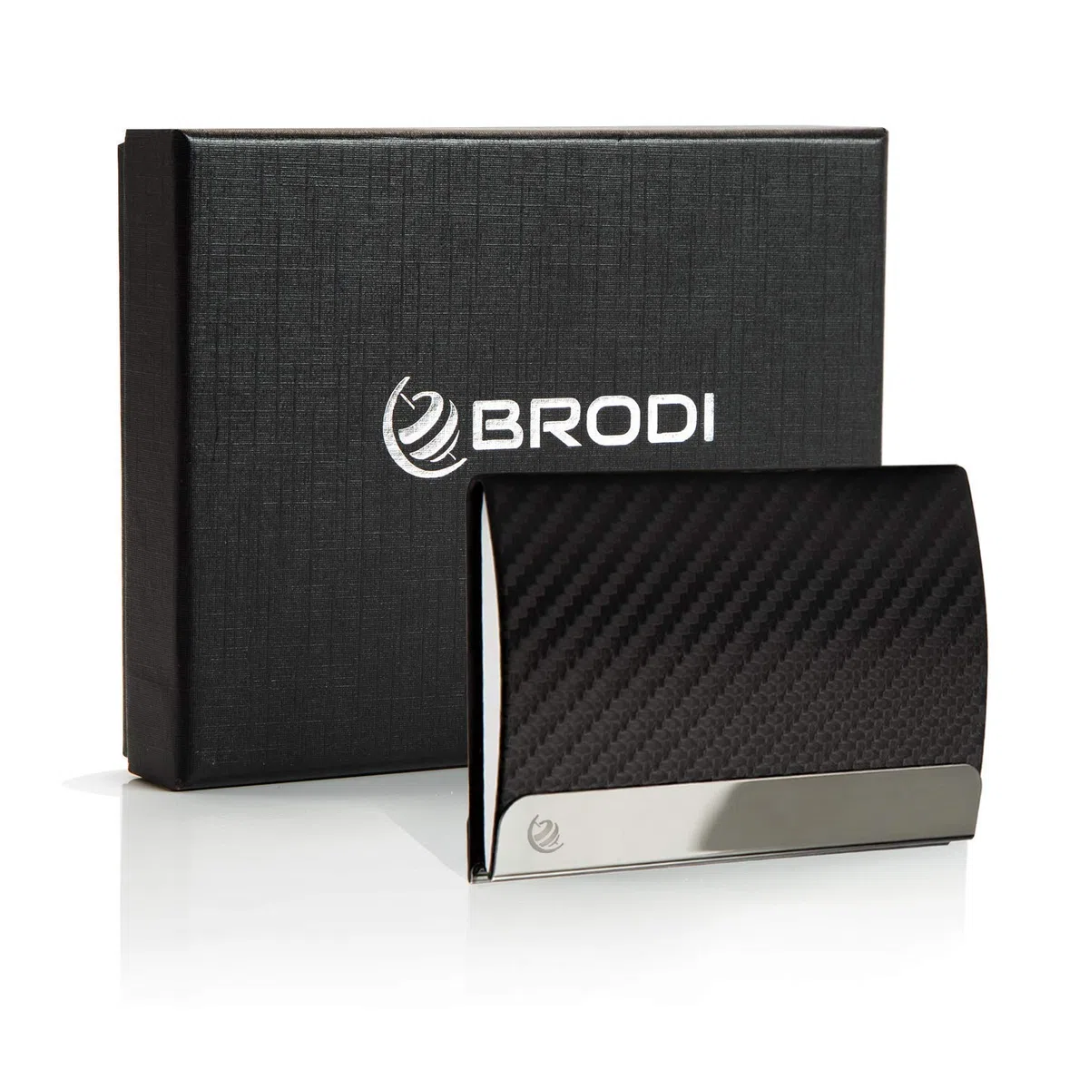 BRODI® - Custodia per biglietti da visita, in acciaio INOX, con chiusura magnetica, confezione regalo inclusa, porta biglietti da visita (rosa con effetto fibra di carbonio)