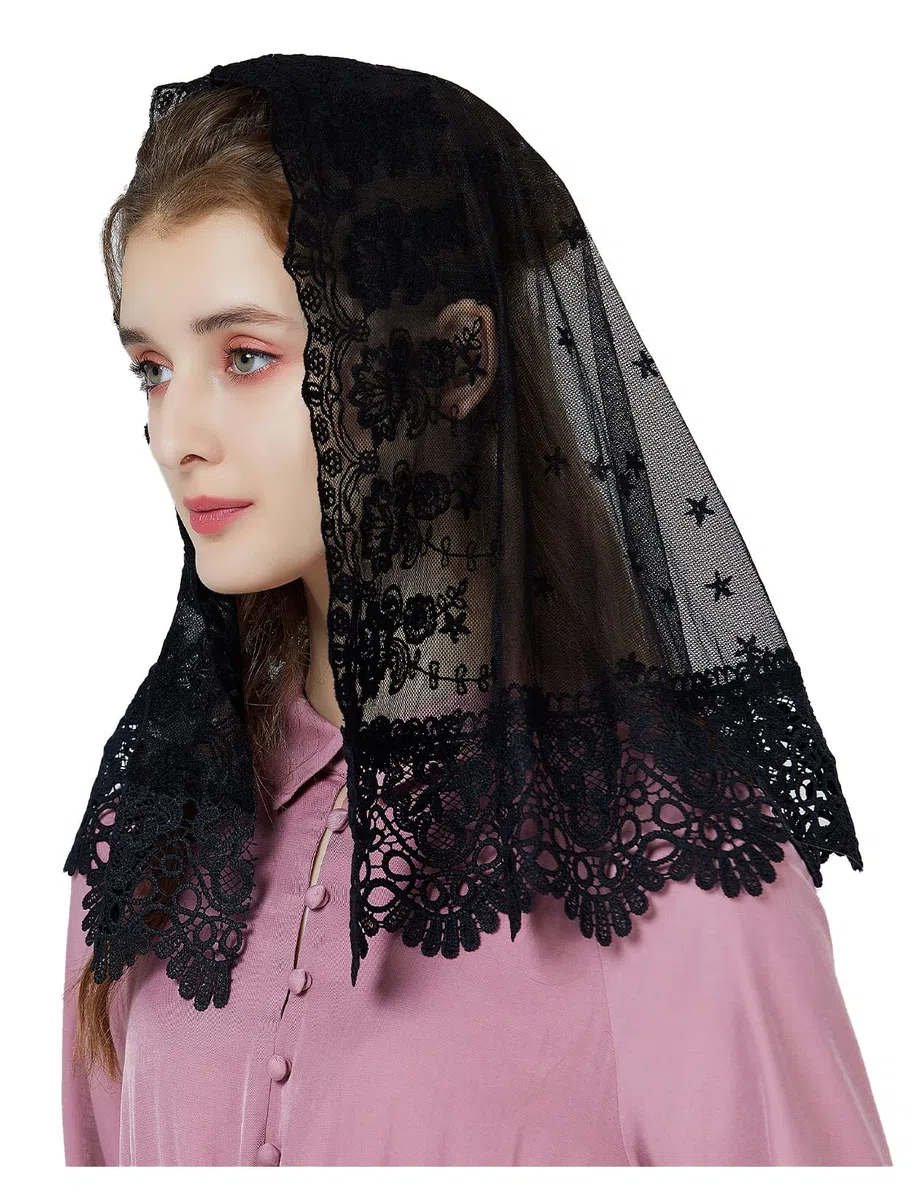 BEAUTELICATE Velo di Pizzo per Chiesa Sposa Velo Muliebre Cattolica Copricapo Foulard Sciarpa per Messa Latino Lutto Nero Avorio V105