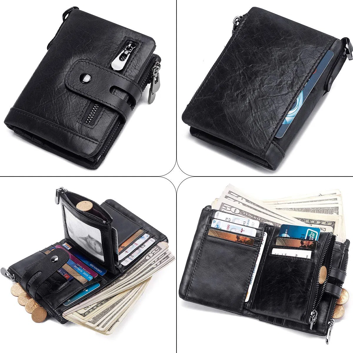 REETEE Portafoglio Uomo Blocco RFID Vera Pelle con Catena, Cerniera Portamonete 16 Porta Carte di Credito Bifold Verticale (nero)